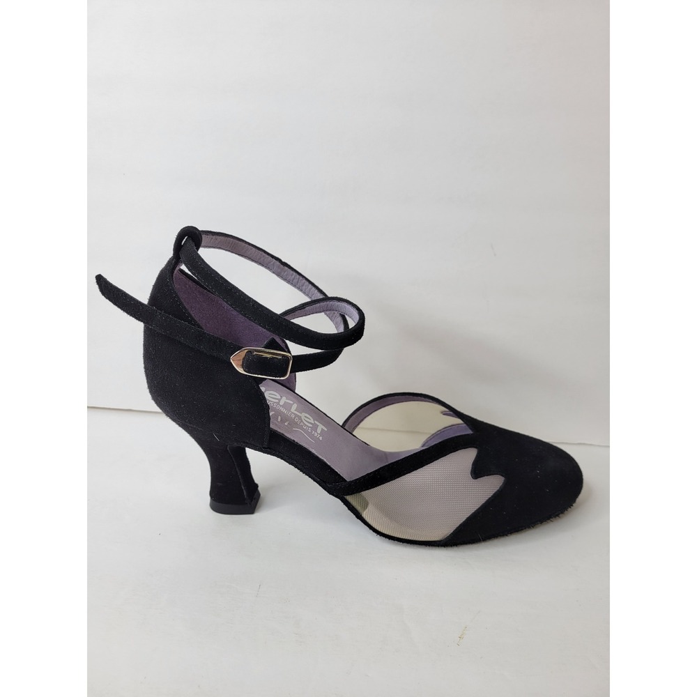 Merlet Black Suede Mesh Ballroom Dance Shoes Double Ankle Strap Heels EU 38 NWOT